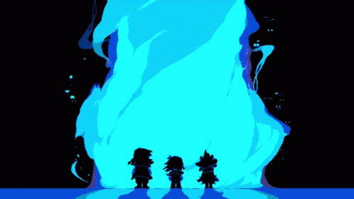 A Deltarune fountain with the Fun Gang in front of it.